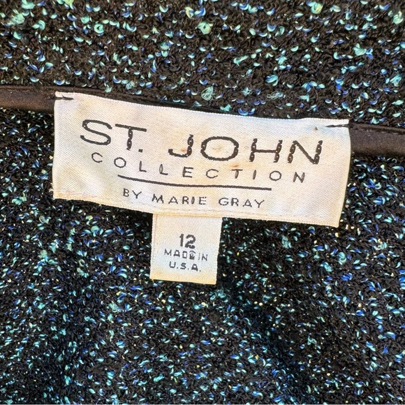 St. John bouclé tweed knit blazer in speckled blue & black w fringe trim Sz 12 - Picture 9 of 15